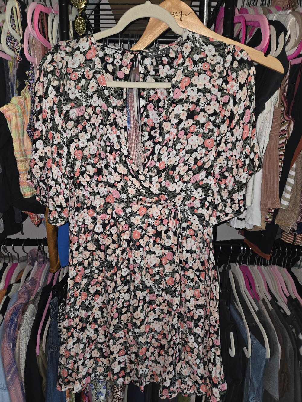 Billabong Black Mini Wrap Dress with Pink & White Floral Print